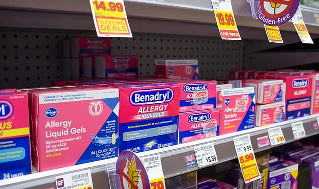 Benadryl, which contains the active ingredient diphenhydramine - an antihistamine - is used to temporarily relieve symptoms, such as a runny nose and sneezing (file photo)
