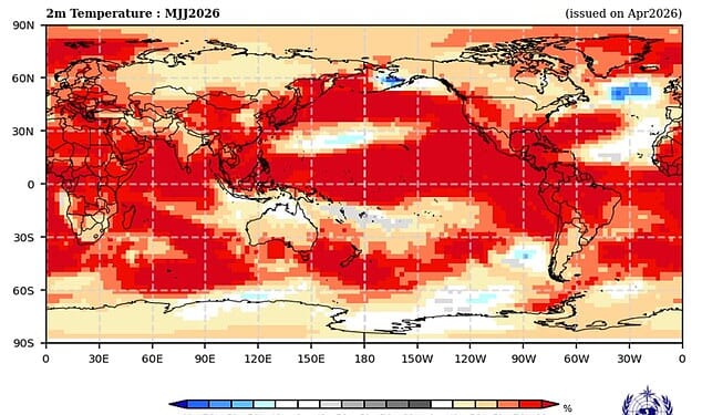 Scientists warn that a so-called 'super El Niño' could begin as soon as May or June, pushing global temperatures (pictured) to record-breaking highs