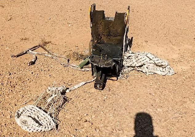 The pilot was rescued within 45 minutes of the plane going down over treacherous mountain terrain in southern Iran. Pictured: An ejector seat from the downed fighter plane