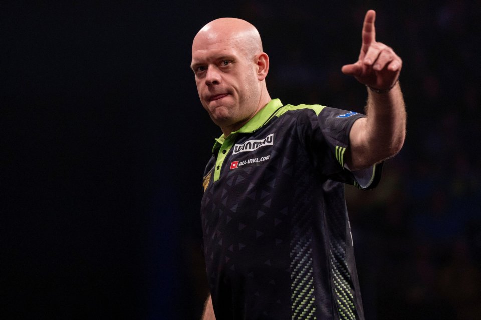 Nottingham, UK. 12th Mar, 2026. Michael van Gerwen celebrates during the 2026 BetMGM Premier League Darts at the Motorpoint Arena, Nottingham, England on 12 March 2026 Credit: Alex Young/Every Second Media Credit: Every Second Media/Alamy Live News