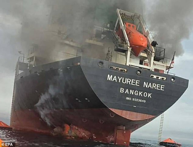 File photo: A handout photo made available by the Royal Thai Navy shows the Thai-flagged cargo ship Mayuree Naree on fire after being hit by Iranian missiles in the Strait of Hormuz, Iran, 11 March 2026 (issued 12 March 2026