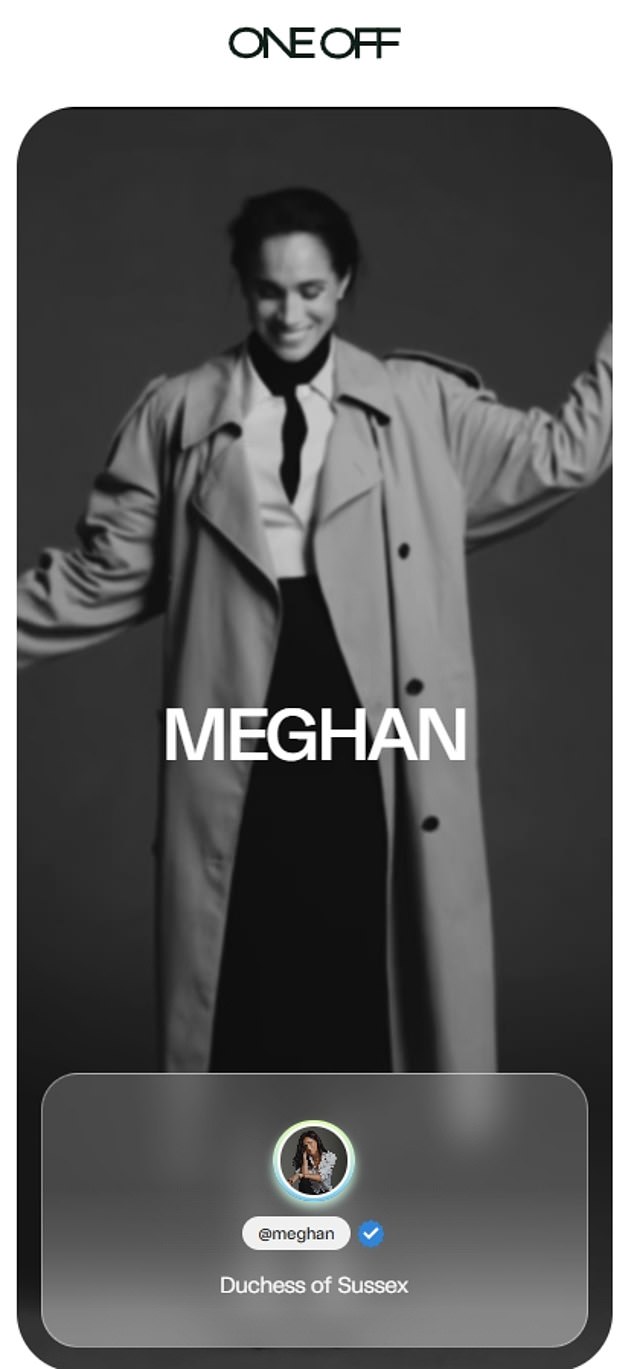 Billed as ‘Meghan, Duchess of Sussex’, her OneOff platform features dozens of pictures of her in recent months