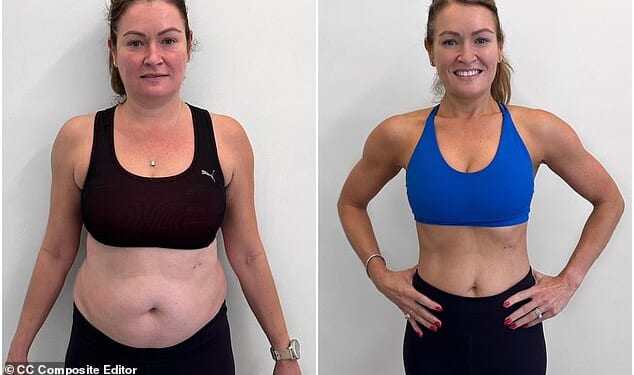 Kellie at the start of her Roar Fitness journey, and after 12 weeks. Her goal was to be under 60kg - she reached 57kg