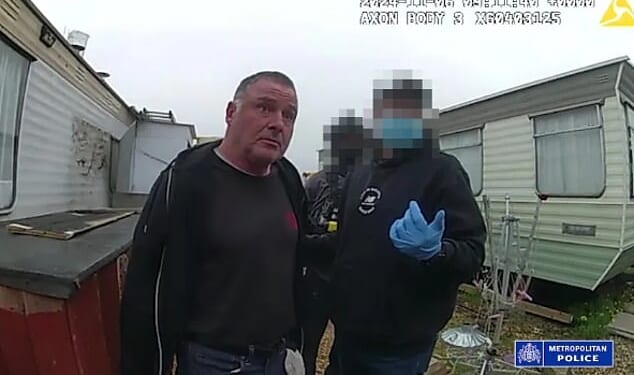 Thomas McKenna being arrested for using a caravan at Buckles Lane in Essex as the base for an underworld weapons workshop