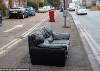 Fire safety rules that forced British sofas to be packed with potentially harmful chemicals are finally being overhauled after a years-long campaign by a mother who warned they posed a risk to families. Pictured: A sofa dumped on a pavement in Chalvey