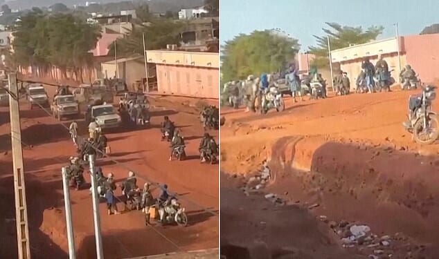 Images show a group of armed men on motorbikes standing on a street in Kati and vehicles moving through the group near the capital city Bamako, Mali