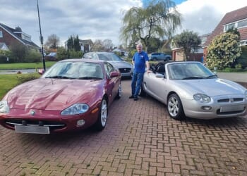 Fred Whittaker, 79, a retired vehicle engineer and lecturer, says many collectable cars such as his Jaguar XK (left) and MGF (right) will end up being scrapped long before they should be