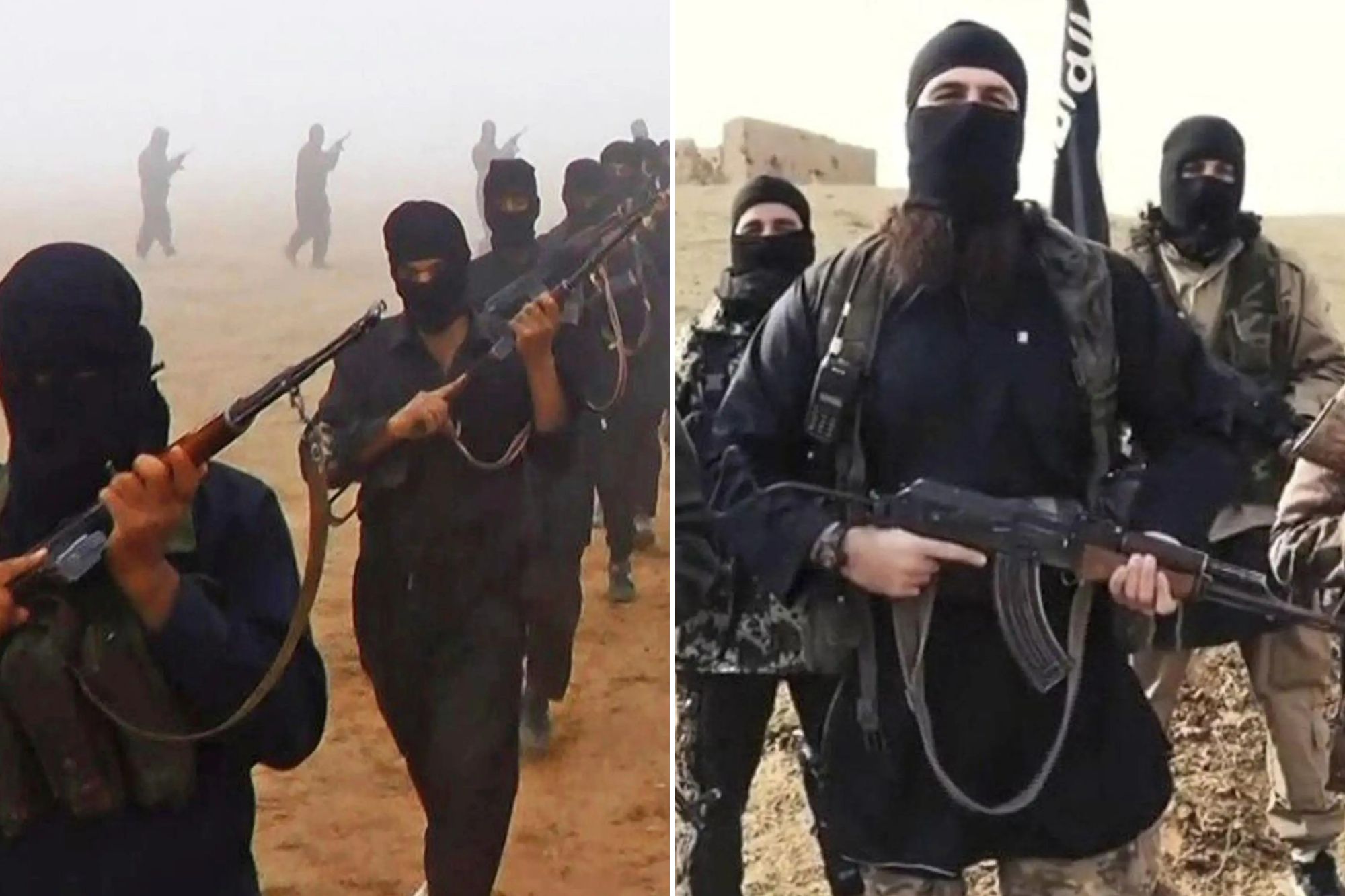 An image collage containing 2 images, Image 1 shows Propaganda photo of Islamic State fighters in two lines, many wearing balaclavas and carrying firearms, in a dusty landscape, Image 2 shows Islamic State of Iraq and the Levant propaganda photo showing masked militants in Syria