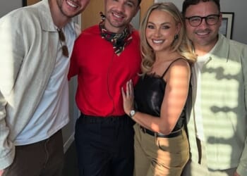 Adam Thomas' famous brothers Ryan and Scott leapt to his defence  following his chaotic I'm A Celeb win on Friday (L-R Scott, Adam, Adam's wife Caroline, Ryan)