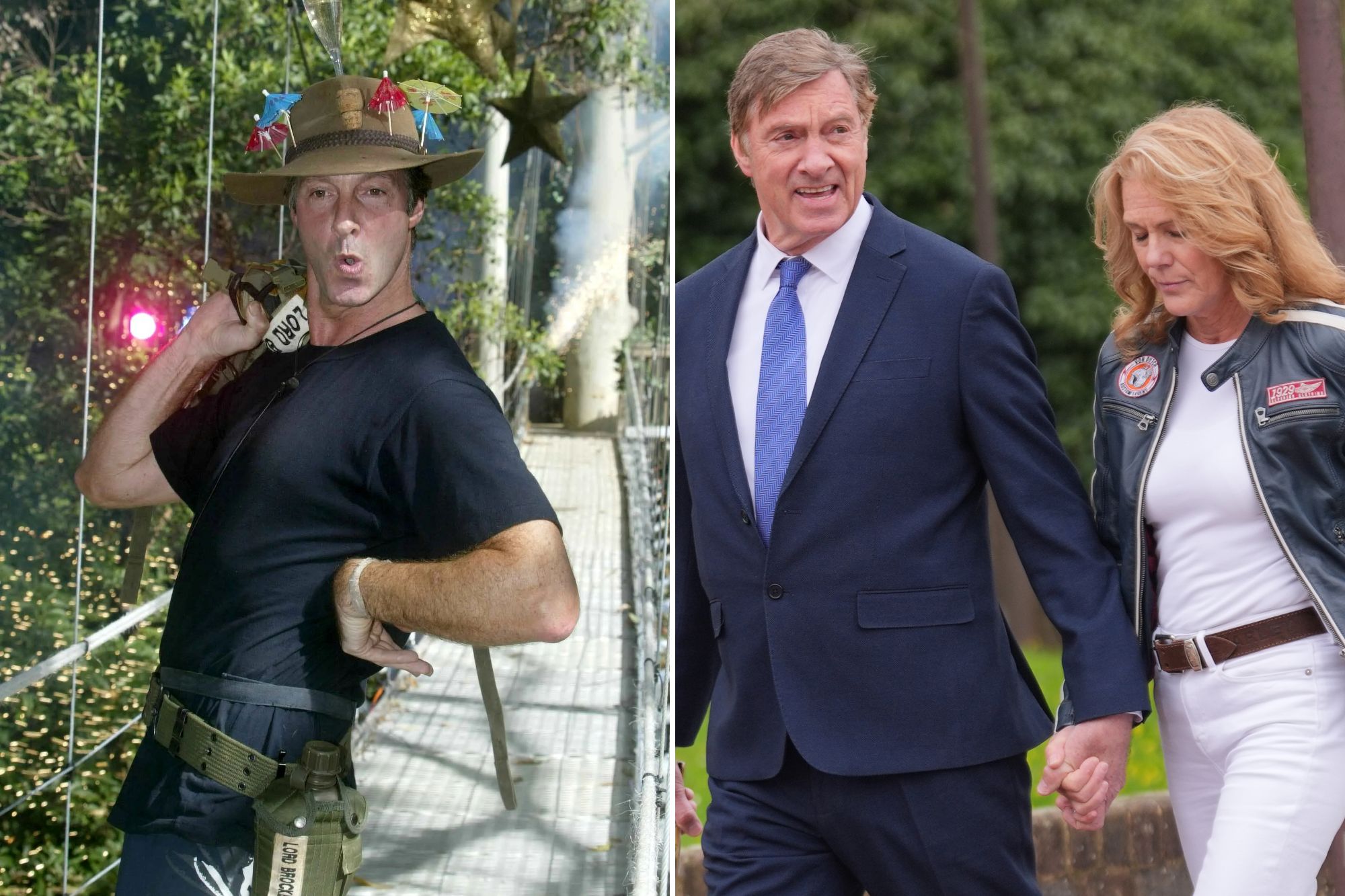 An image collage containing 2 images, Image 1 shows Lord Charlie Brocket dressed in a black t-shirt and shorts, with a hat decorated with cocktail umbrellas and a champagne flute, on a suspension bridge for an eviction from "I'm a Celebrity... Get Me Out of Here!", Image 2 shows Lord Charles Brocket and his wife Harriet Victoria Warren holding hands as they arrive at Isleworth Crown Court