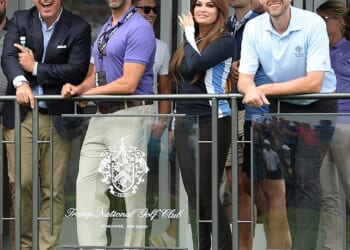 Tucker Carlson, Donald Trump Jr, Kimberly Guilfoyle and Eric Trump at the Trump National Golf Club in Bedminster, New Jersey in July 2022