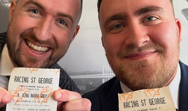Irish 'tipster' Robert Heneghan and darts star Luke Littler show off their winning tickets at the Cheltenham Festival earlier this year