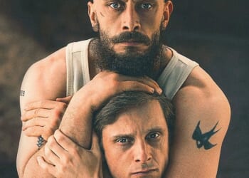 Richard Gadd holds co-star Jamie Bell in a headlock in a promotional shot for their new BBC drama called Half Man, which started last Friday