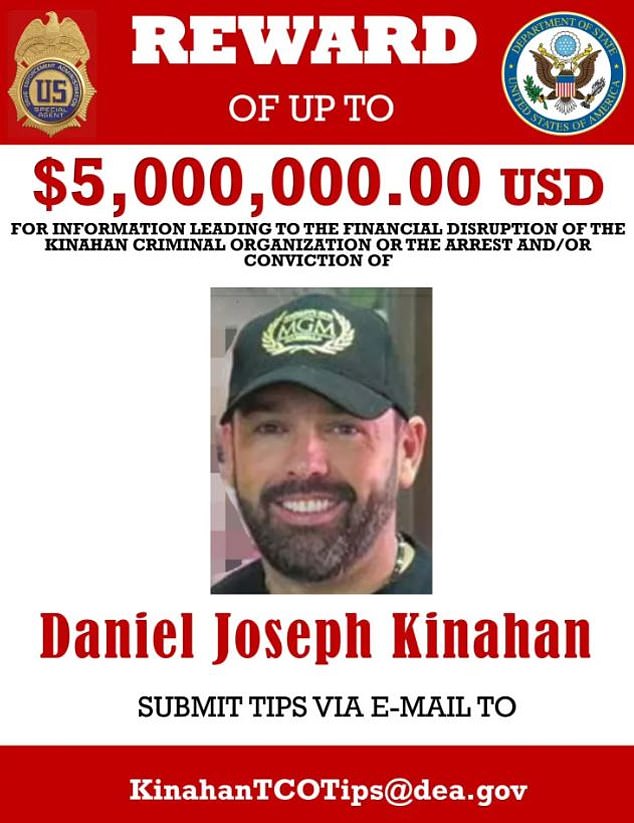 Pictured: A bounty poster issued by the US Department of State offering $5million 'for information leading to the financial disruption of the Kinahan criminal organization or the arrest and/or convinction' of Daniel Kinahan