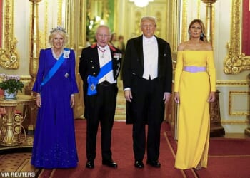 Britain's King Charles and Queen Camilla stand with President Donald Trump and First Lady Melania Trump at the state banquet at Windsor Castle back in September 2025