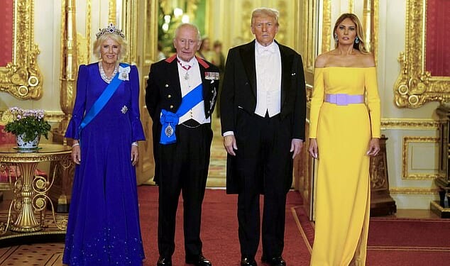 Britain's King Charles and Queen Camilla stand with President Donald Trump and First Lady Melania Trump at the state banquet at Windsor Castle back in September 2025
