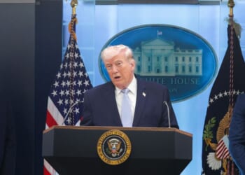 President Donald Trump speaks alongside Central Intelligence Agency Director John Ratcliffe and Secretary of War Pete Hegseth during a news conference in James S. Brady Press Briefing Room of the White House on April 6, 2026, in Washington, D.C.