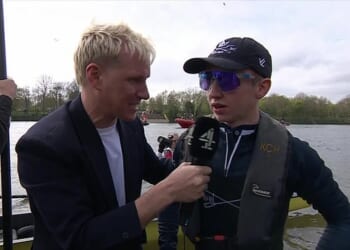 Jamie Laing, left, interviewed the cox of Oxford's victories team in the women's boat race