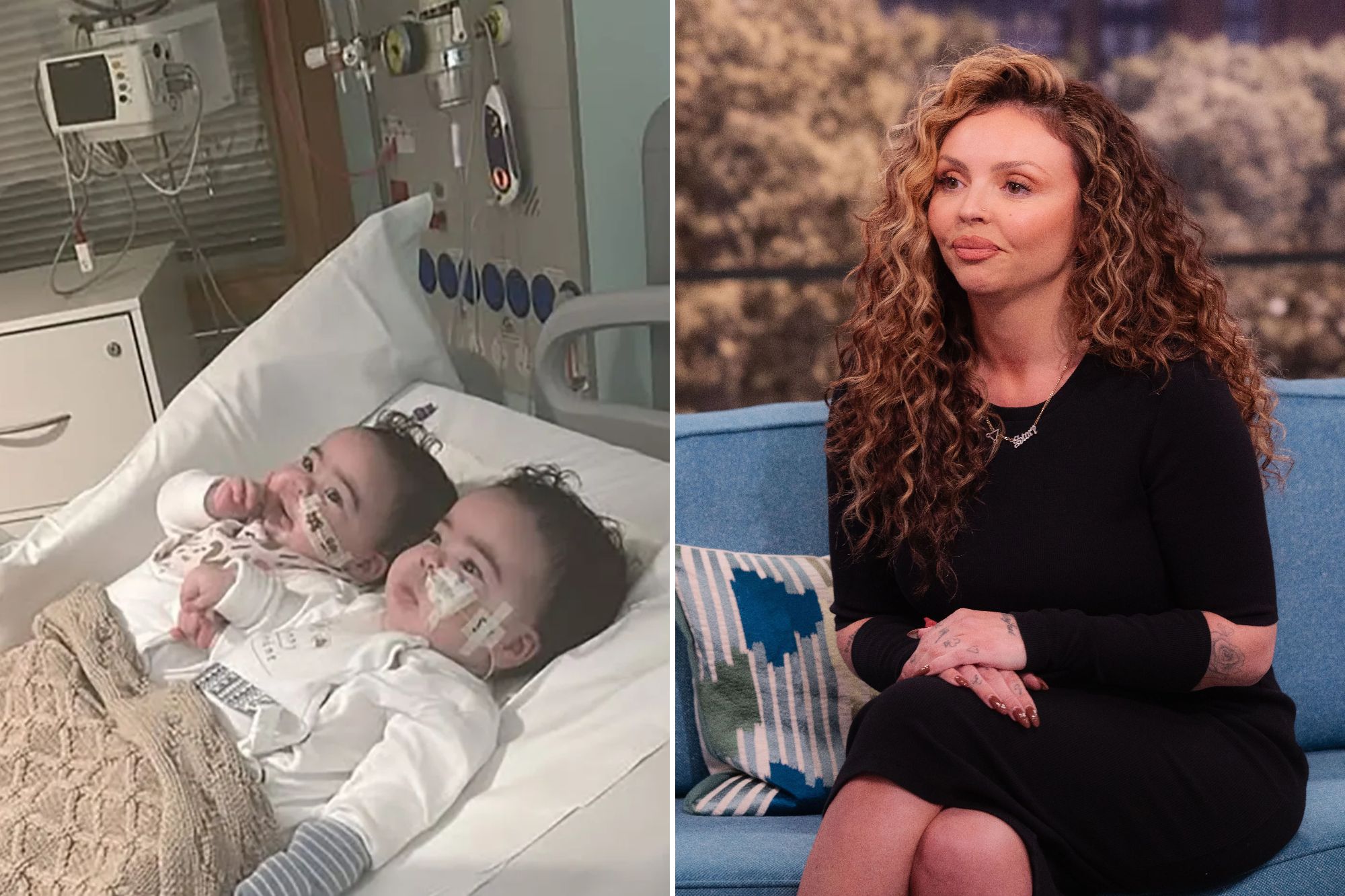 An image collage containing 2 images, Image 1 shows Twin babies holding hands in a hospital bed with medical equipment in the background, Image 2 shows Jesy Nelson on the 'This Morning' TV show
