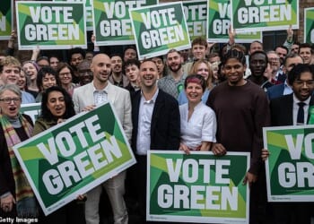 A file image of Green Party candidates and supporters at a photo call outside the press conference on April 9, 2026 in London