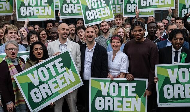 A file image of Green Party candidates and supporters at a photo call outside the press conference on April 9, 2026 in London