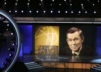 Late night host David Letterman makes a tribute to Johnny Carson onstage at the 57th Annual Emmy Awards held at the Shrine Auditorium on Sept. 18, 2005, in Los Angeles, California.