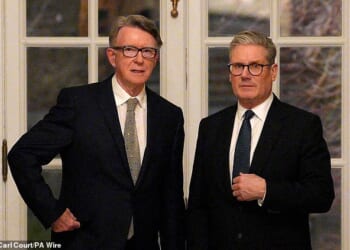 This vote is happening because Keir Starmer appointed a known security risk and friend of a convicted paedophile to be US ambassador (Pictured: Peter Mandelson with Starmer in 2025)
