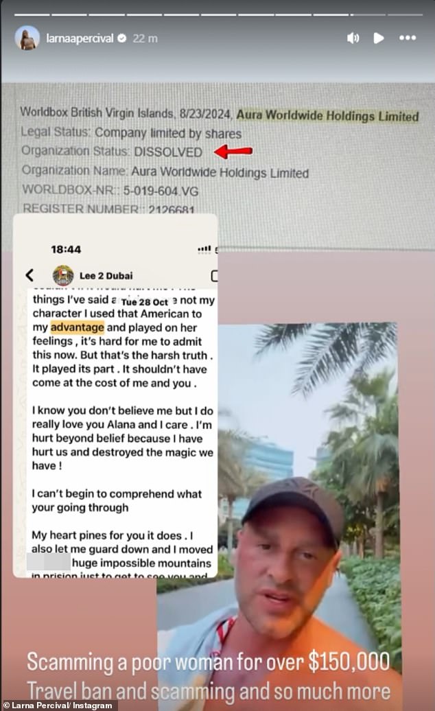 In her latest post shared on her Instagram on Tuesday, Alana claimed Lee sent her a message where he admitted to 'playing a woman' as he tried to smooth over their romance