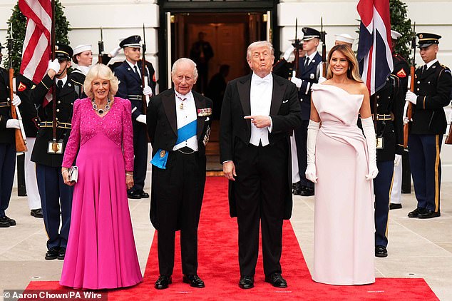 Queen Camilla, King Charles III, President Donald Trump and First Lady Melania Trump arrive for the state dinner at the White House in Washington yesterday, on day two of the state visit