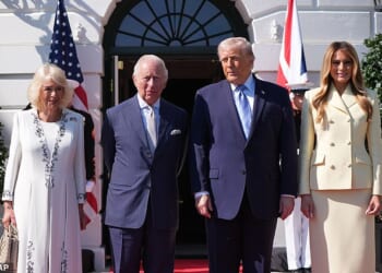 President Donald Trump and first lady Melania Trump greet King Charles III and Queen Camilla as they arrive at the White House today