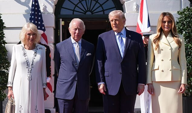 President Donald Trump and first lady Melania Trump greet King Charles III and Queen Camilla as they arrive at the White House today