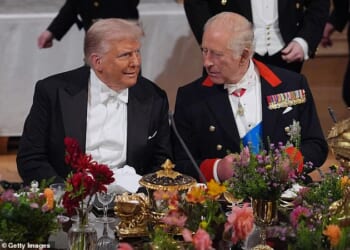Buckingham Palace confirmed the King and Queen Camilla wanted to 'do their duty' – they are expected to arrive in the US as planned on Monday afternoon Pictured: Trump and King Charles attended a State banquet at Windsor Castle during the US State visit in September 2025