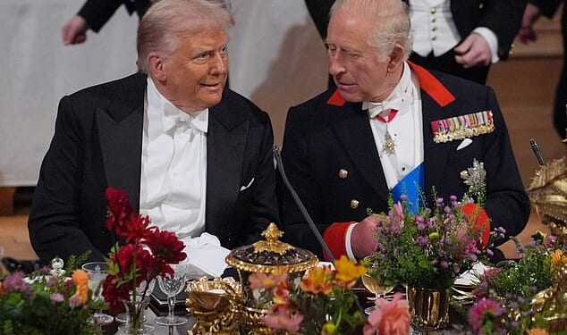Buckingham Palace confirmed the King and Queen Camilla wanted to 'do their duty' – they are expected to arrive in the US as planned on Monday afternoon Pictured: Trump and King Charles attended a State banquet at Windsor Castle during the US State visit in September 2025