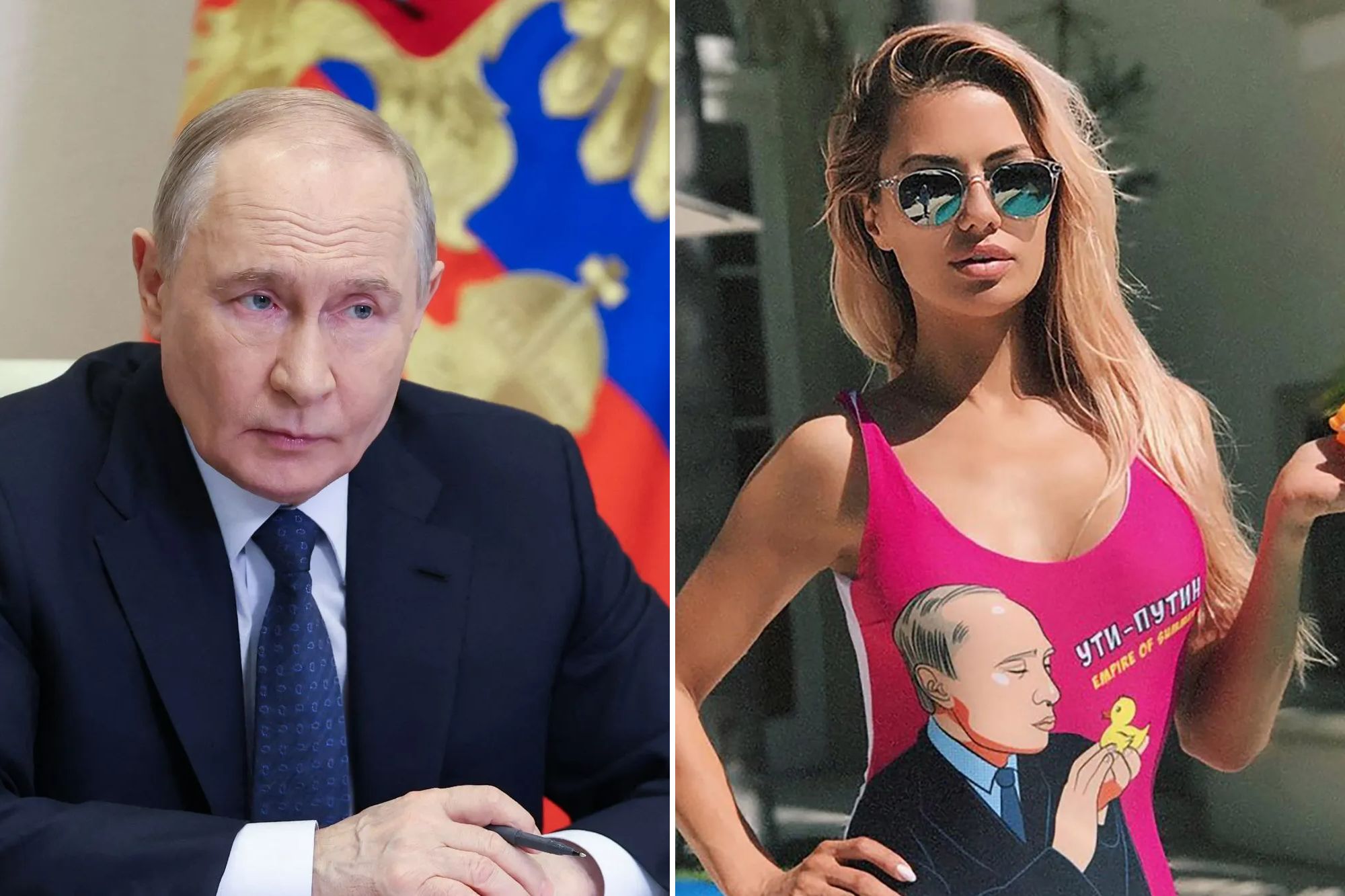 An image collage containing 2 images, Image 1 shows An image collage containing 1 images, Image 1 shows RUSSIA-POLITICS-FLOOD, Image 2 shows Glamorous Putin cheerleader and influencer Victoria Bonya, with 12.9 million followers, has starkly warned the dictator he is clueless about the chaos and misery caused by his regime in Russia, telling him that most Russians including top officials a