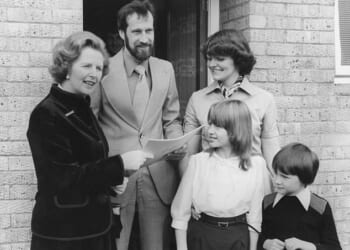 Margaret Thatcher handing over the council house deeds to one of the first families to benefit from her Right to Buy policy