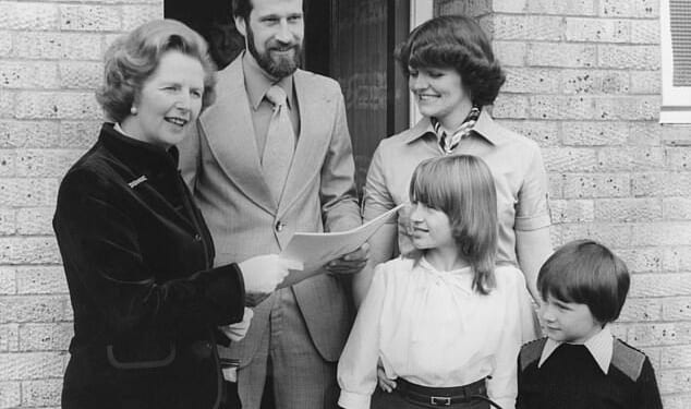 Margaret Thatcher handing over the council house deeds to one of the first families to benefit from her Right to Buy policy