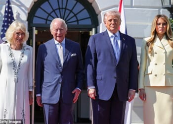President Donald Trump and First Lady Melania Trump (right) welcomed King Charles and Queen Camilla (left) to the White House on Monday as the British royals kicked off their four-day trip to the United States to mark the country's 250th birthday