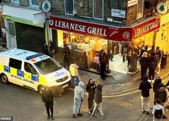 A police van is pictured as dozens of diners gather outside Lebanese Grill Express on Leather Lane in Camden, central London