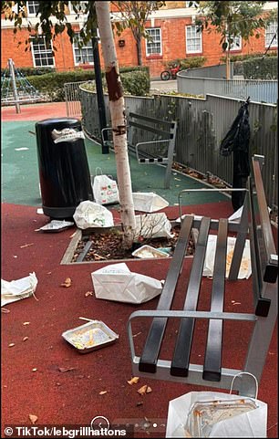 A children's playground is littered with takeaway boxes and bags