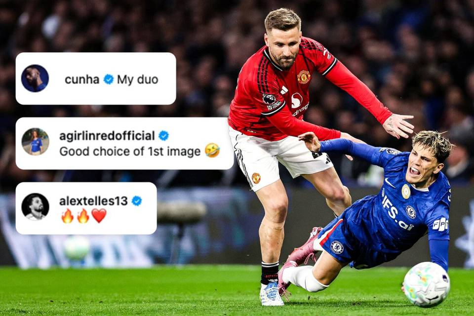 Collage of a soccer player in a red jersey tackling a player in a blue jersey, with three social media comments layered over it.