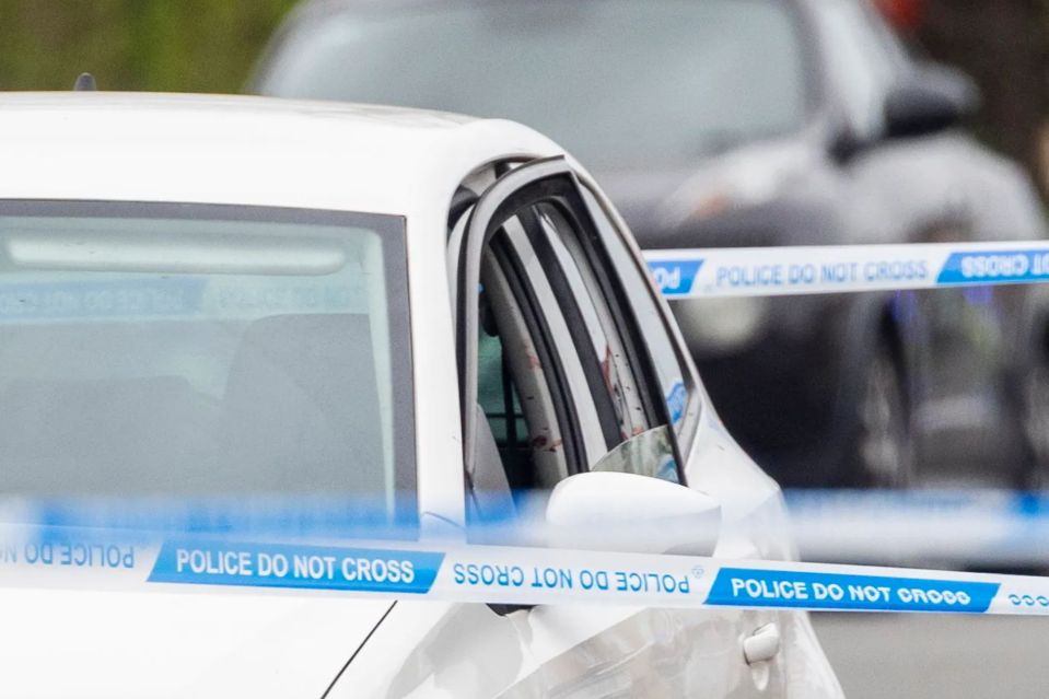 An image collage containing 1 images, Image 1 shows Police tape with "POLICE DO NOT CROSS" wrapped around a white car