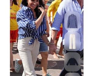 Meghan on Bondi Beach where she met survivors of the December terror attack on Friday. Her outfit was immediately added to a website where she makes a percentage from sales. It has been quietly deleted