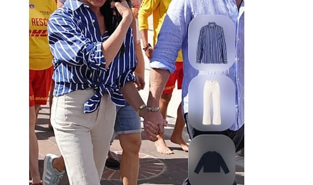 Meghan on Bondi Beach where she met survivors of the December terror attack on Friday. Her outfit was immediately added to a website where she makes a percentage from sales. It has been quietly deleted