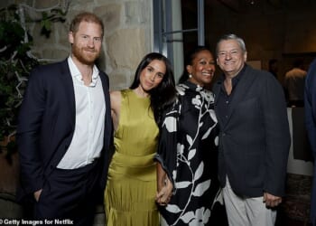 The Duke and Duchess of Sussex pose for a photo with Netflix boss Ted Sarandos and his wife Nicole Avant in Montecito on Friday night