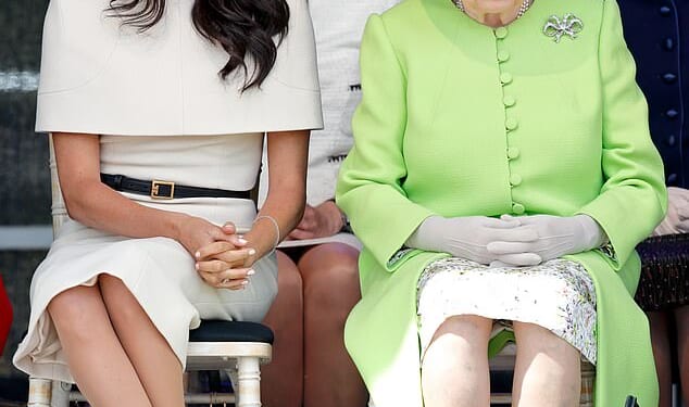 The Duchess of Sussex has developed a string of nicknames, some favourable and others less so (pictured with the late Queen Elizabeth II in Widnes in 2018)