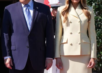 First Lady Melania Trump looked effortlessly chic in a buttercream yellow skirt suit alongside her husband, President Donald Trump