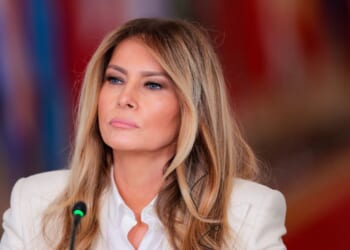 First Lady Melania Trump hosts the Fostering the Future Together Global Coalition Summit in the East Room at the White House on March 25, 2026, in Washington, D.C.
