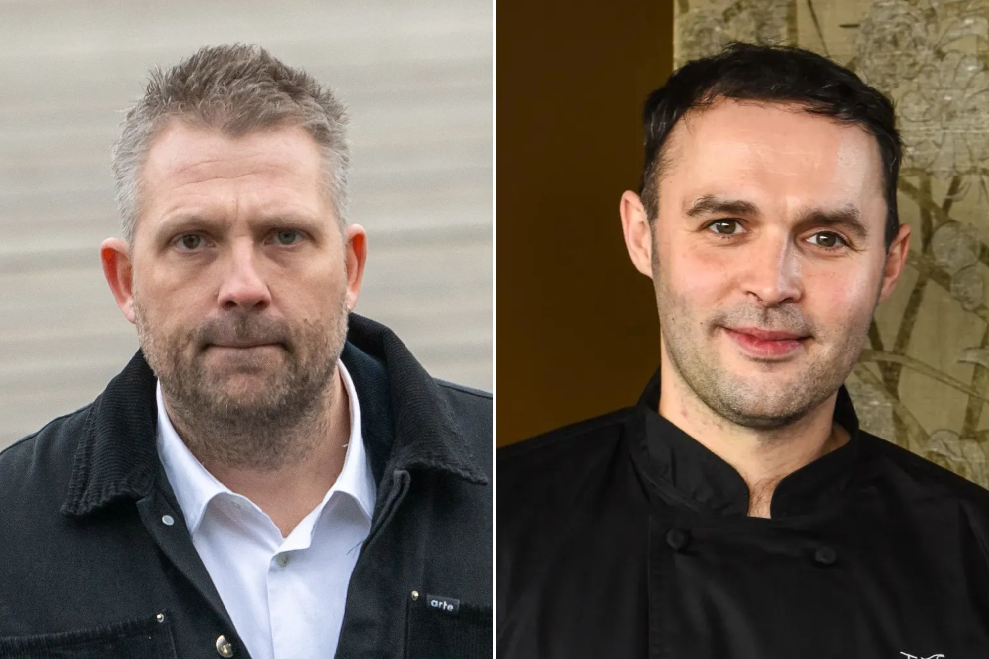 An image collage containing 2 images, Image 1 shows Chef Nick Bril and his lawyer Omar Souidi arrive at the Antwerp Criminal Court for Bril's trial, Image 2 shows Joe Claridge, wearing a black chef's jacket with "Tassili Joe Claridge" embroidered on it