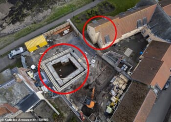 A millionaire's house renovation (left) is accused of forcing his pensioner neighbour to leave his council home (right) after construction work made it feel like 'living in an earthquake zone'