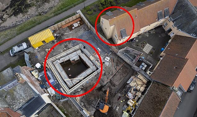A millionaire's house renovation (left) is accused of forcing his pensioner neighbour to leave his council home (right) after construction work made it feel like 'living in an earthquake zone'